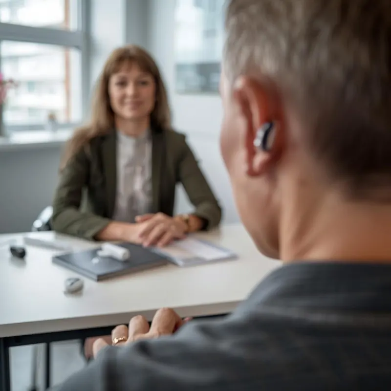 Hörakustiker zeigt einer Kundin ein Hörsystem und erklärt das Hör.Abo